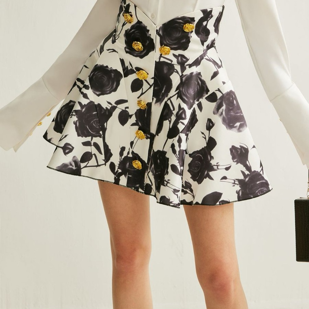 Floral Black and White Skirt with Gold Accents Button-Detail